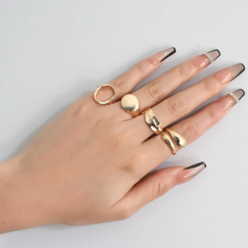 4Pc Geometrical Shape Ring Set Zinc Alloy Material Gold Silver-Color For Woman On Party Jewelry Gift Fashion Style