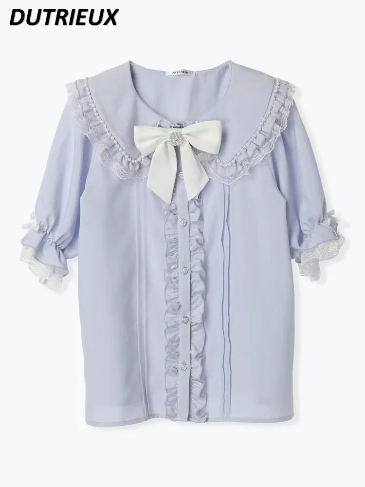 Japanese Original New Mine Women's Kawaii Lace Bow Short-Sleeved White Shirt Summer Doll Collar Sweet Cute Girls Wild Tops