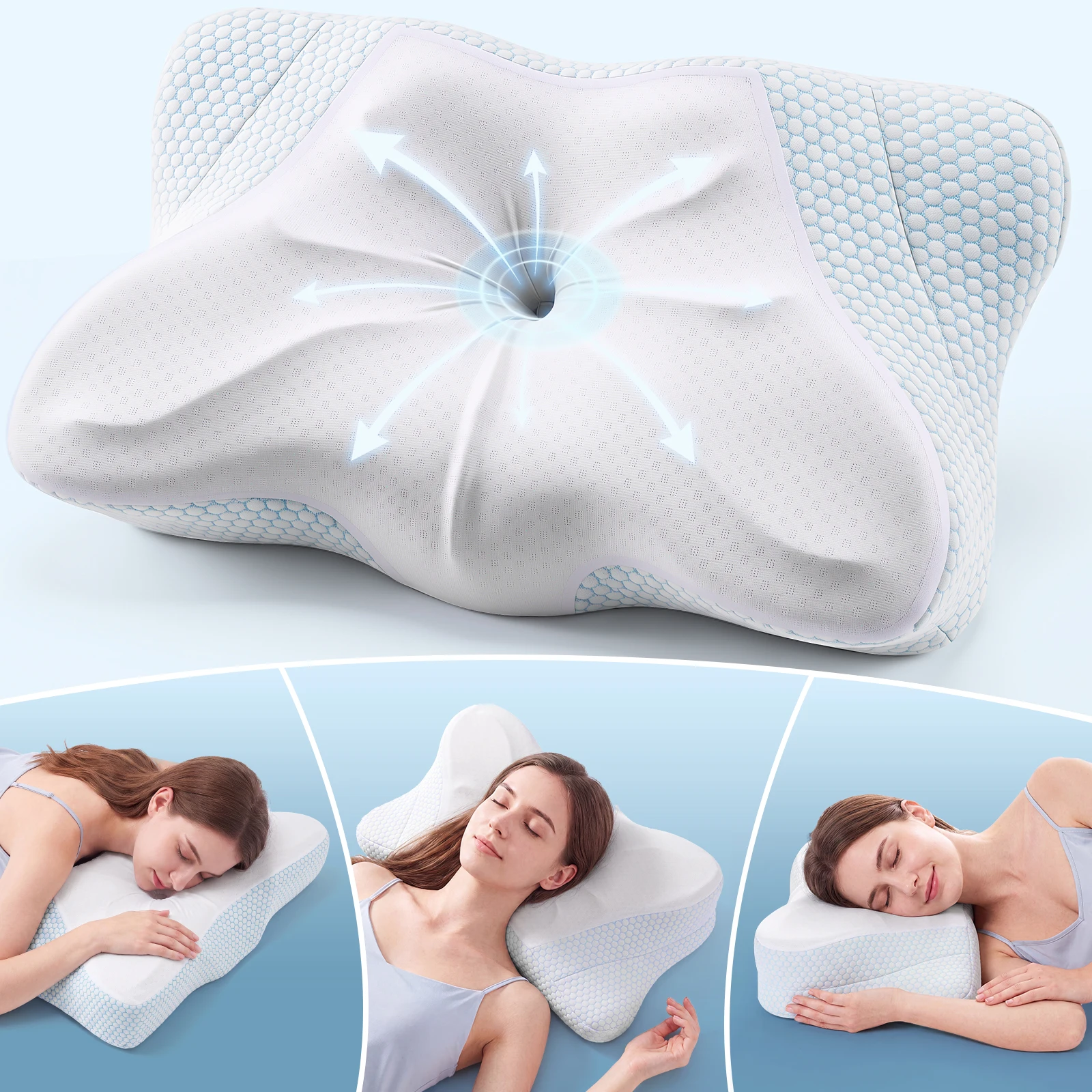 JHK Ergonomic Queen Size Cervical Contour Pillows For Neck 1 Pack Pain Relief Memory Foam Bed Pillow with Cooling Pillowcase