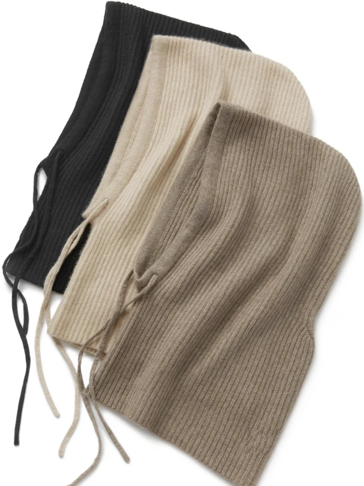 100%Wool Knitted Balaclava Hat For Women Winter Hooded Drawstring Skullies Cap Face Neck Protect Soft Warm Cashmere SKi Bonnet