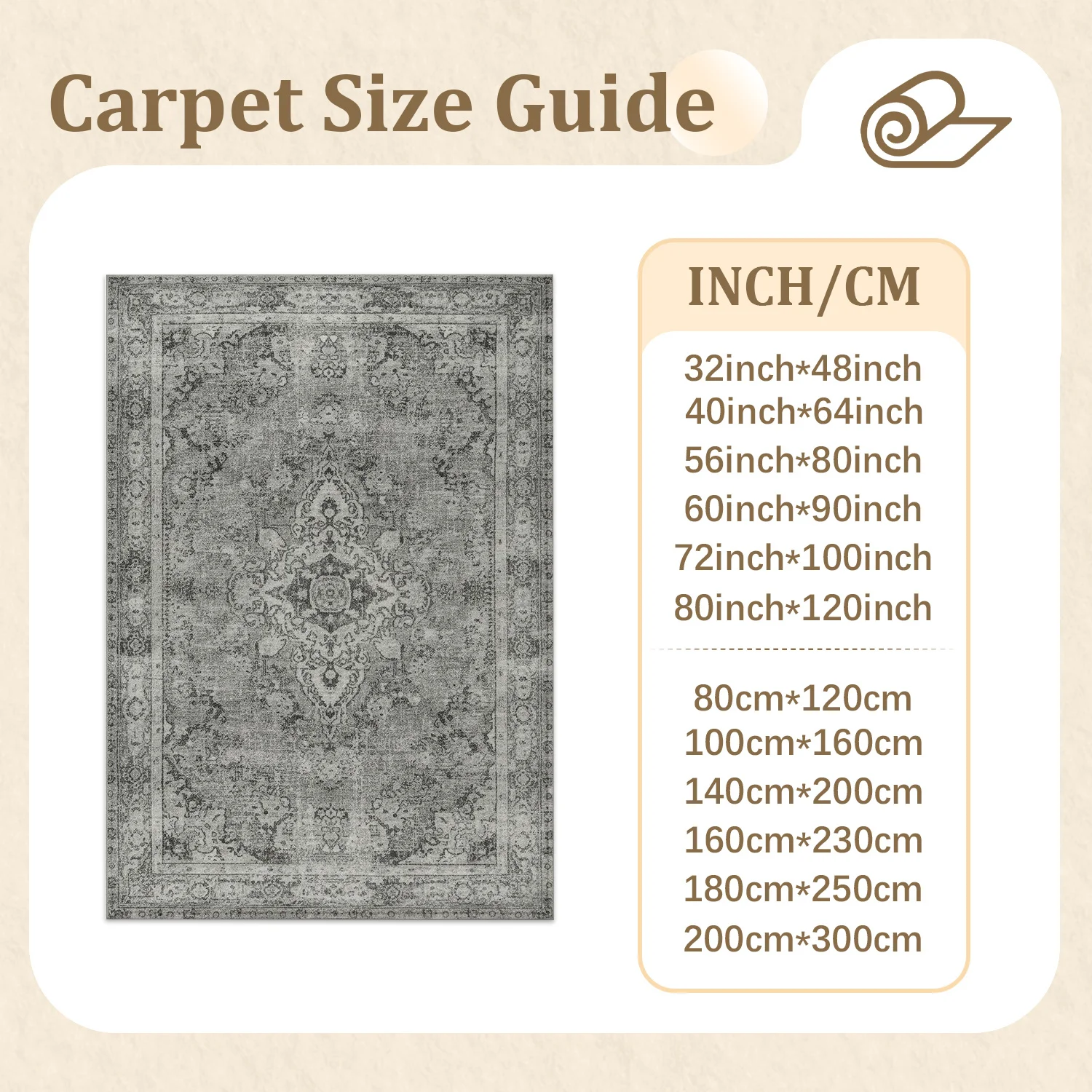Large Indoor Area Rug, Soft Velvet Low Pile Floor Rug with Non-slip Dotted Backing, Machine Washable Distressed Vintage Medallion Pattern Carpet for Living Room, Bedroom, Home Decor