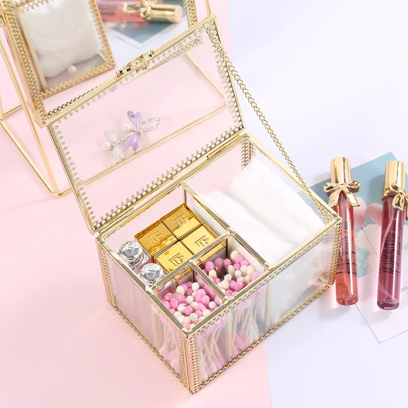 

Европейский винтажный пылезащитный прозрачный металлический органайзер для ватных палочек и косметики, многофункциональный контейнер для хранения