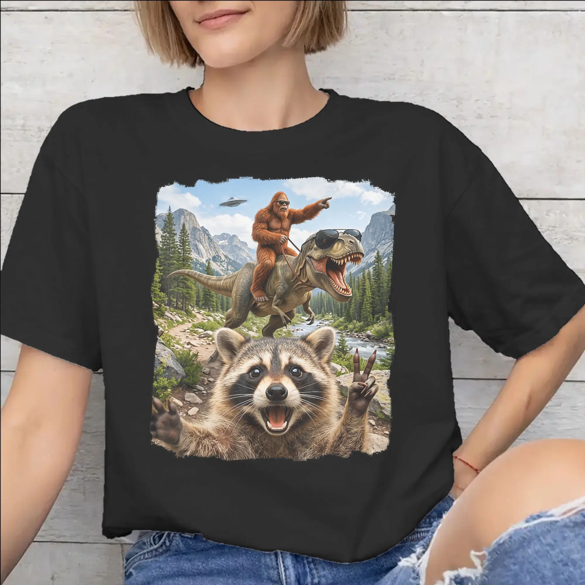 Funny Bigfoot Ride Dinosaur Raccoon Apparel Unisex T Shirt 100% Cotton Tee Printed  T-shirt Clothes