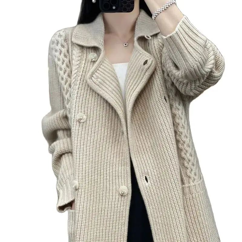 

Autumn Winter Mid-Long Sweater Cardigan Coat Women 2023 New Fashion Thicken Waistband Button Turndown Collar Outerwear Female