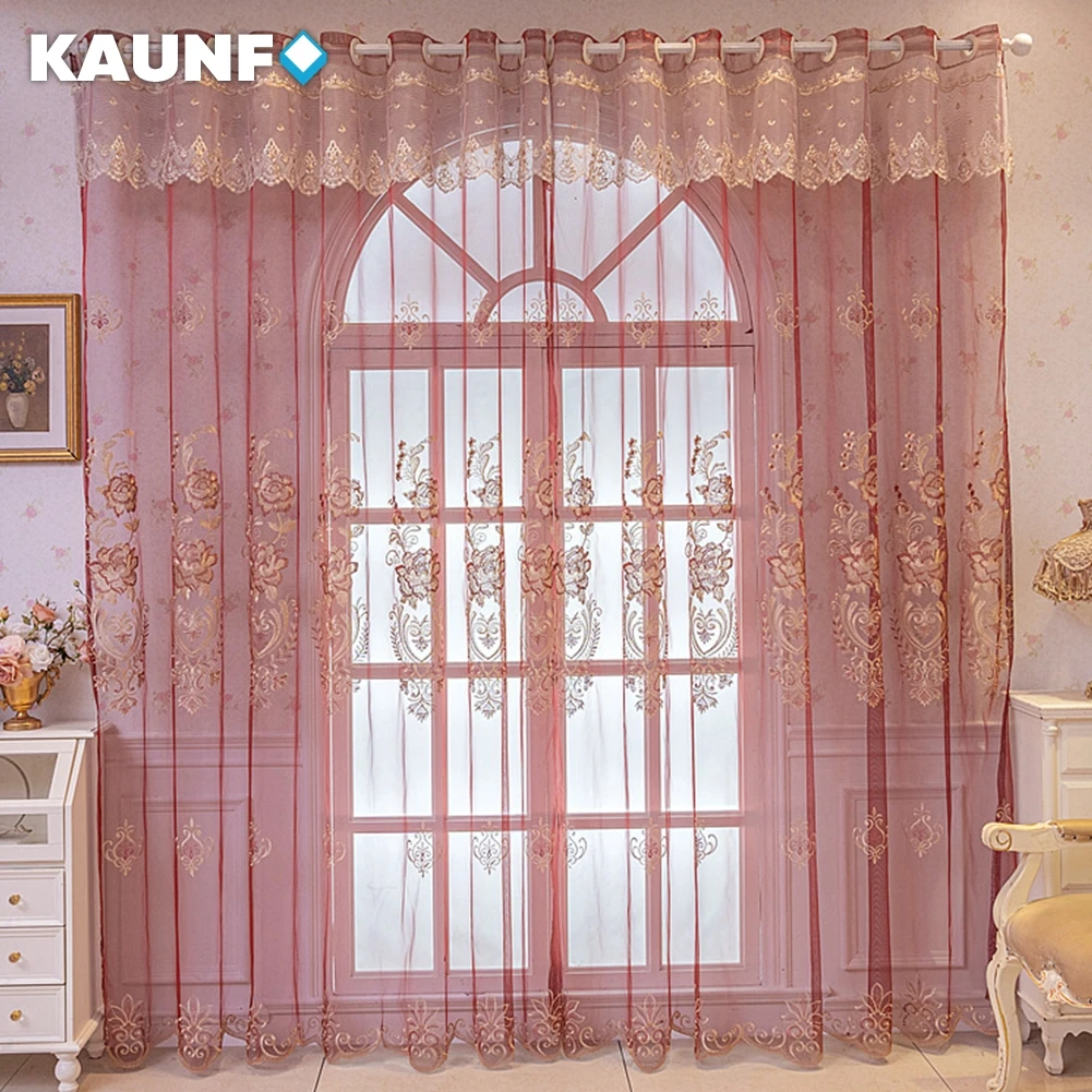 KAUNFO European Style Pink White Tulle Voile Curtain Transparent for Bedroom Wedding Decoration 1PC