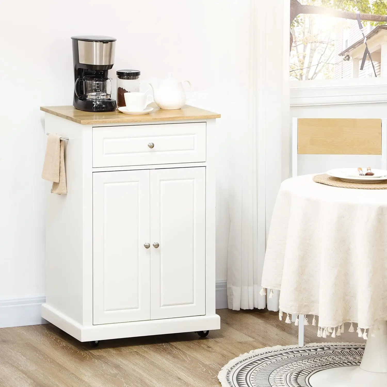 ling Kitchen Island Cart, Portable Serving Trolley Table With Drawer, Adjustable Shelf And 2 Towel Racks, Cream White