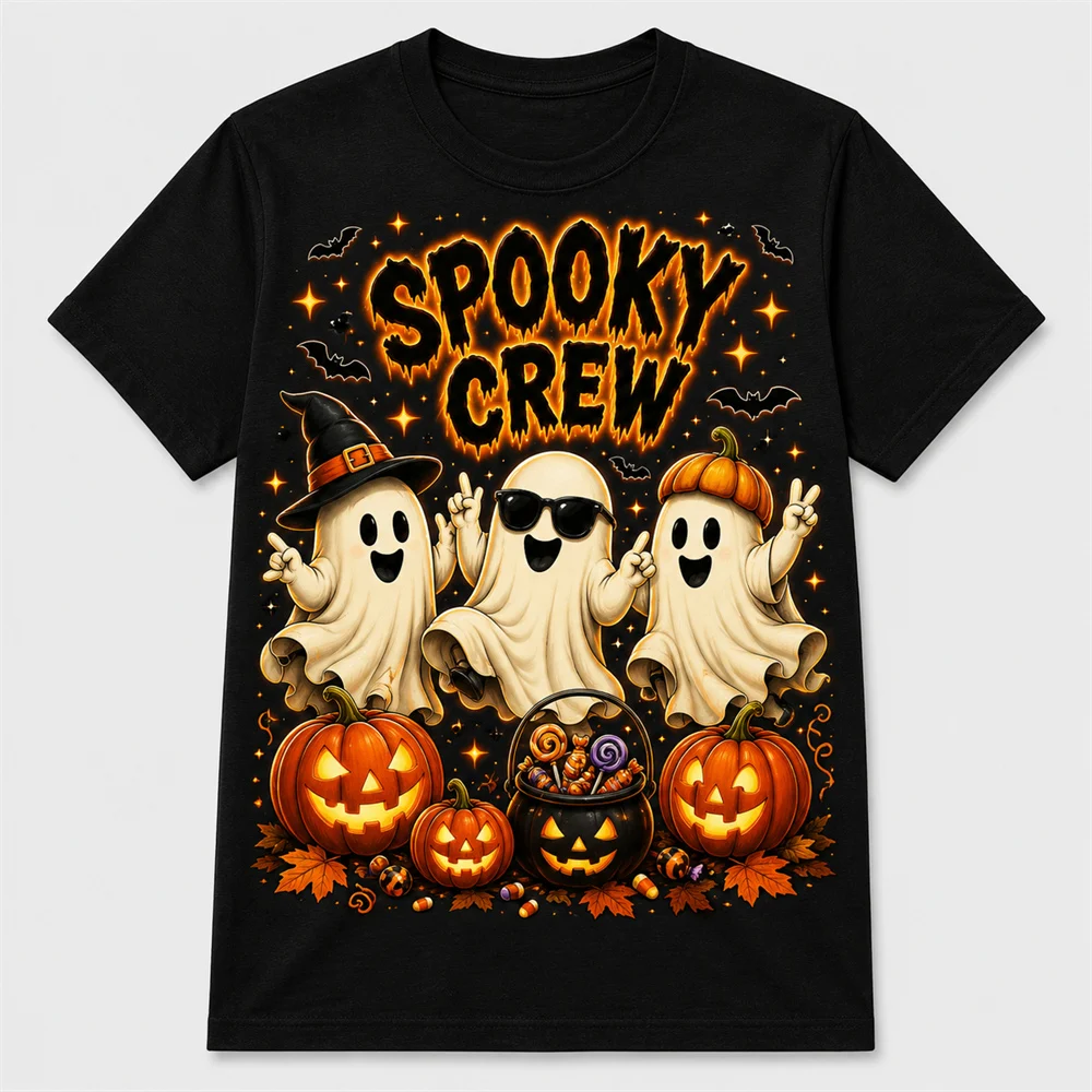 Cartoon Style Ghost Pattern Halloween T-shirts Funny 3D Print Outdoor Street Mischief Round Neck T Shirts Holiday Street Style