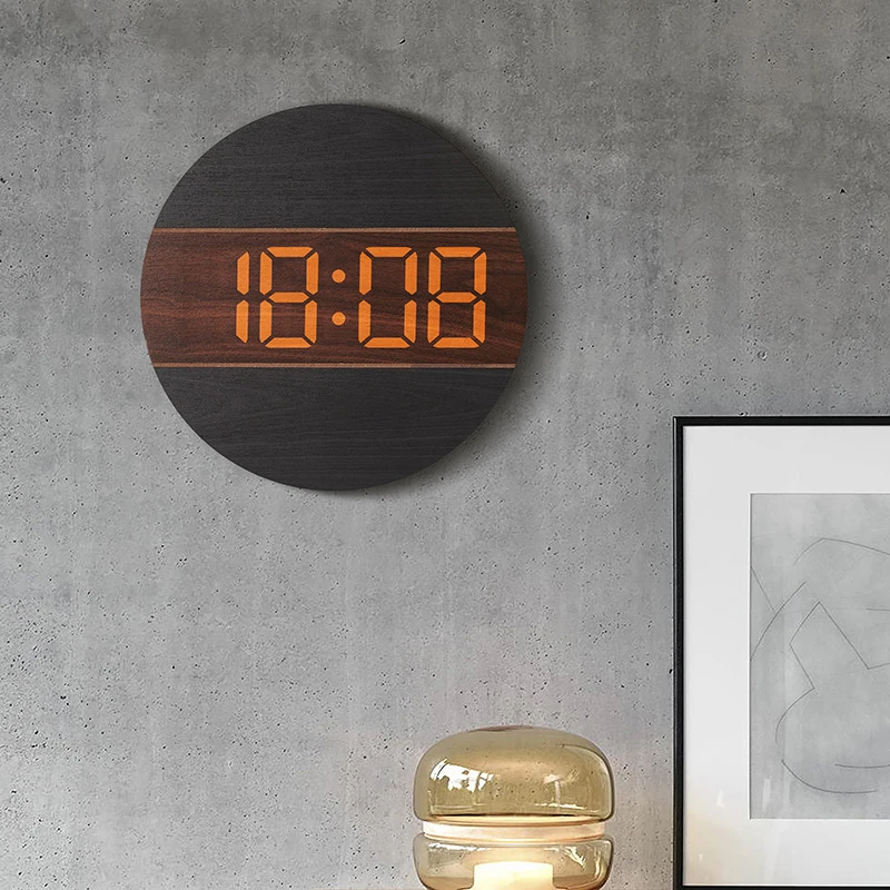 Creative Wooden Digital Clock 12/24H Home Decor Large Round Screen Wall Mounted Clock Automatic Light-sensitive Wall Clocks