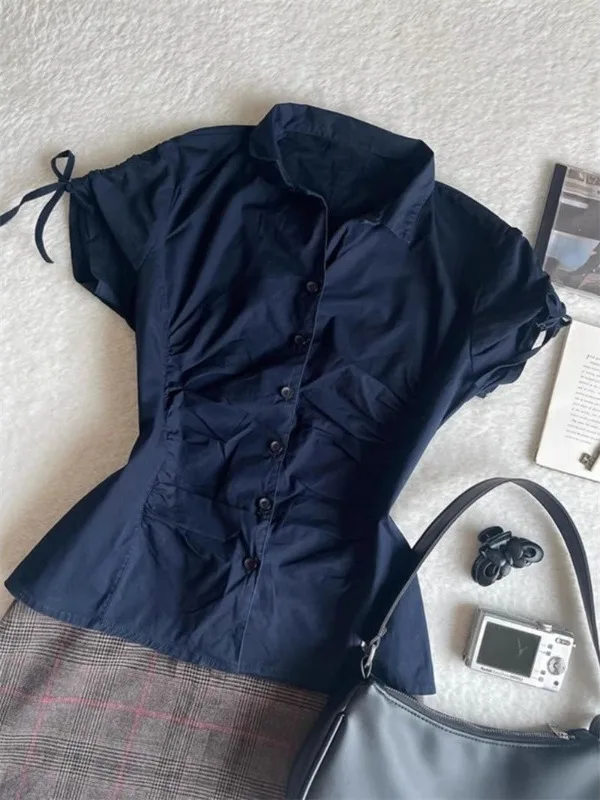 

Винтажная женская модная блузка с завышенной талией, светло-голубая, премиум-качества, из дышащего полиэстера