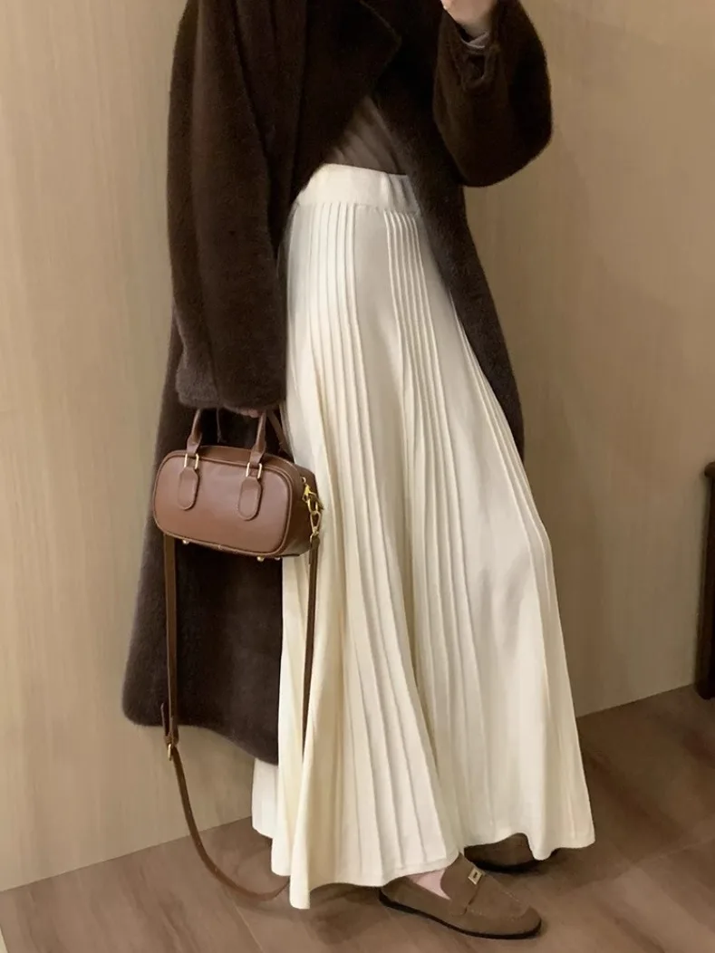 

Winter Woolen Knitted A-Line Skirt Women's Skirt Spring Autumn High Waist Polyester Fiber Non-Stretch Bicolor Design