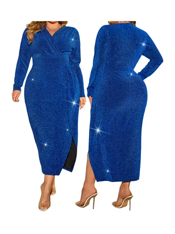 महिलाओं के लिए प्लस साइज़ सेक्विन एम्बेलिश्ड मैक्सी ड्रेस, गहरे वी-नेक और साइड स्लिट के साथ, फॉर्मल इवेंट्स और प्रोमेनेड के लिए 8 best sales प्लस साइज़ औपचारिक पोशाक - №5