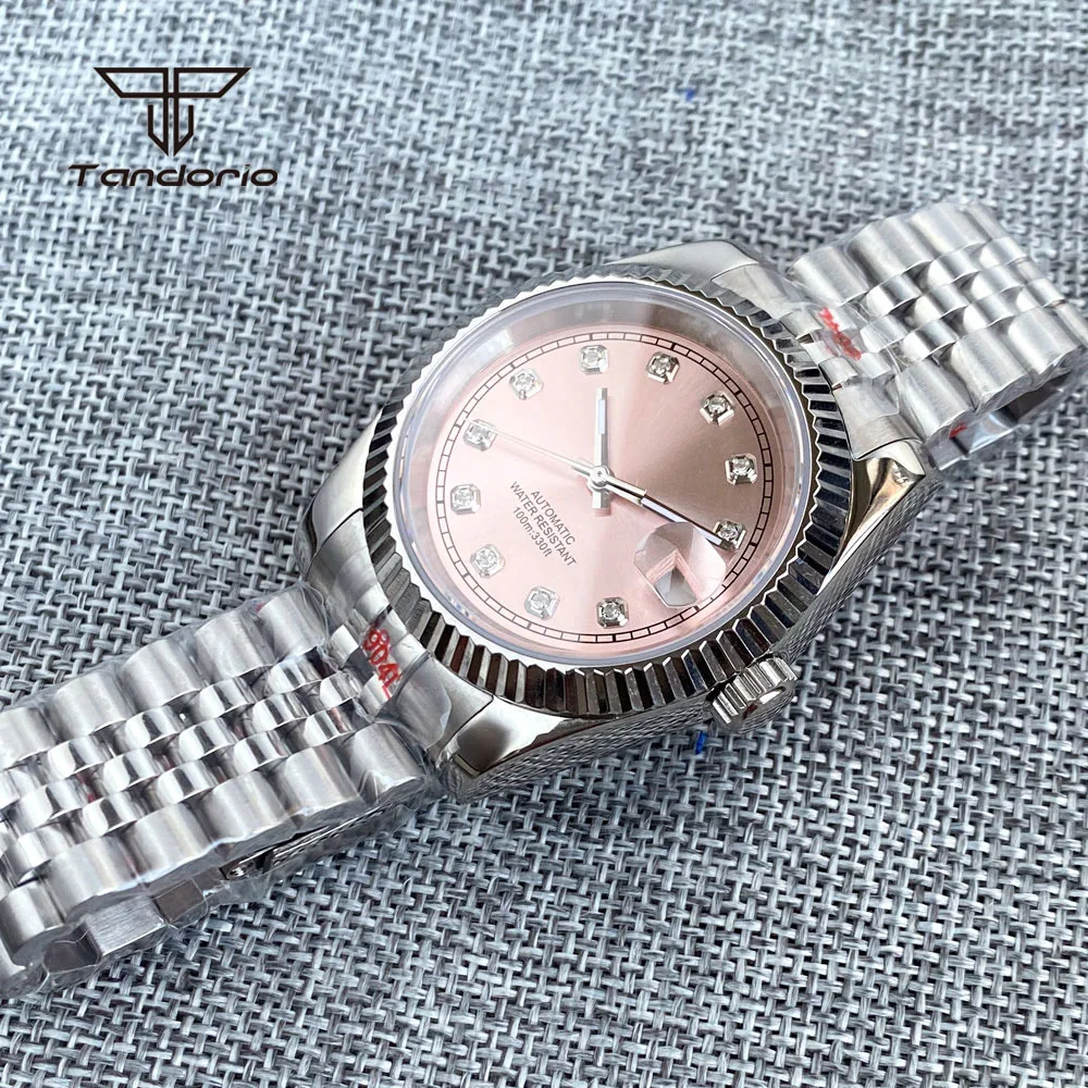 Tandorio Sapphire Pink Sunburst Steel 36mm NH35 Automatic Watch for Lady Diamond Marks 39mm Men Wristwatch Date Lume Mechanical