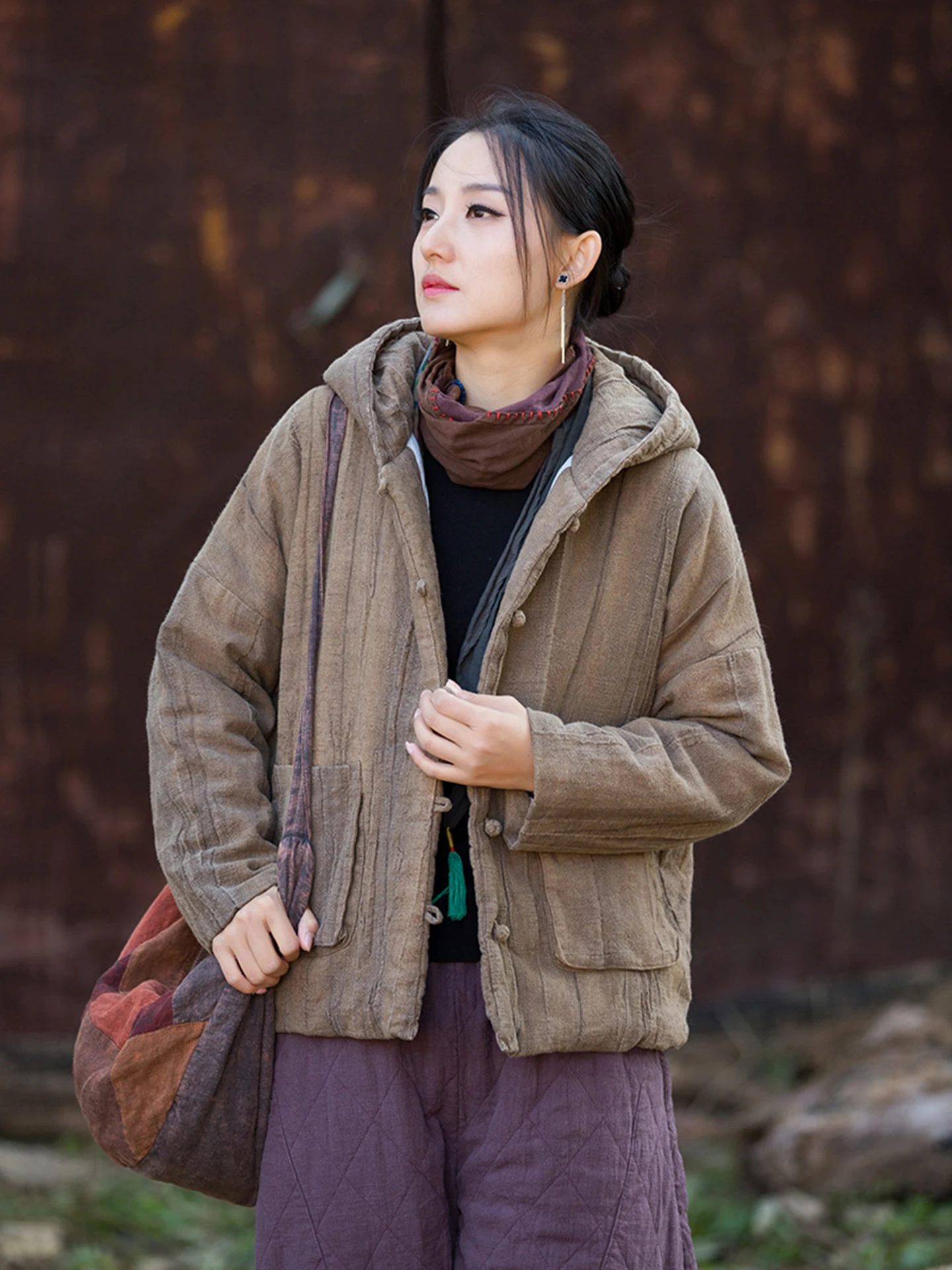 Thickened Cotton Linen Jacket Warm Retro Dyeing Processed Coat with Hood Traditional Chinese Style Women's Outerwear Long Sleeve