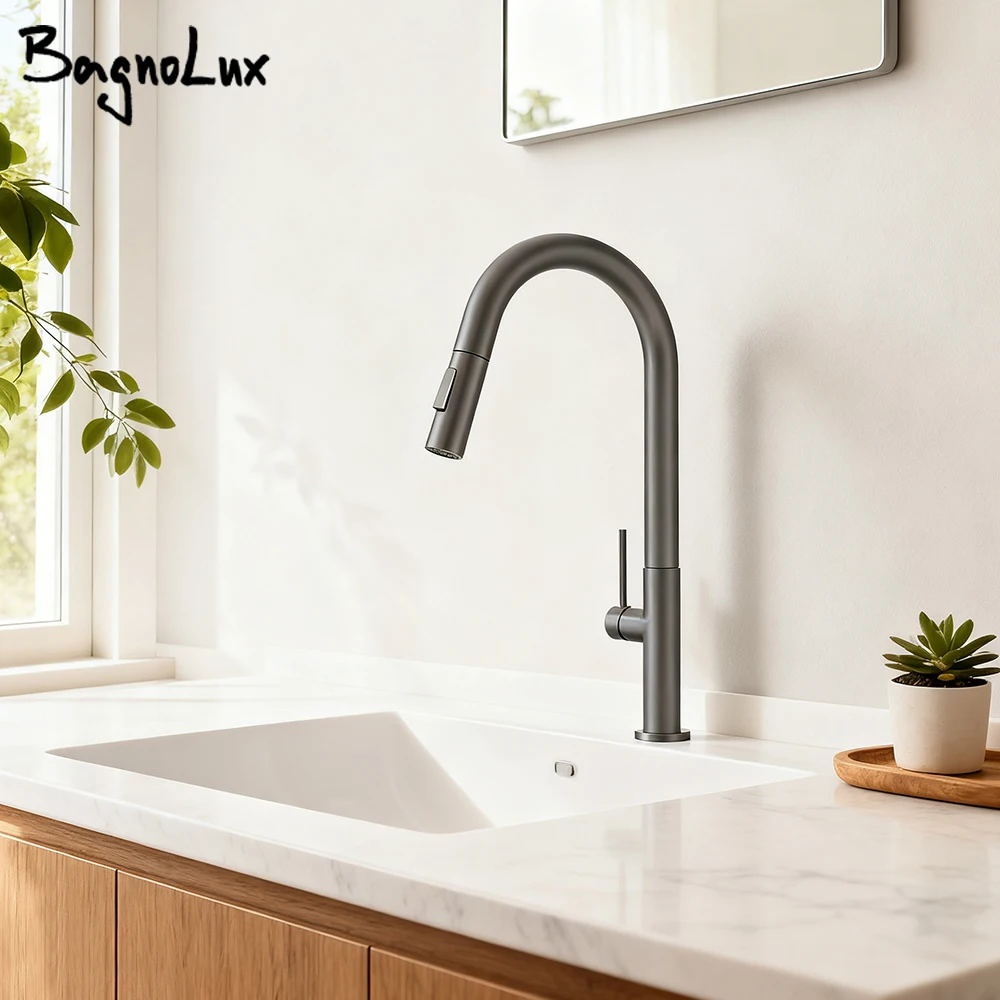 Bec de robinet de cuisine en or brossé, mitigeur à poignée unique pour évier d'eau chaude et froide, rotation à 360 degrés extractible