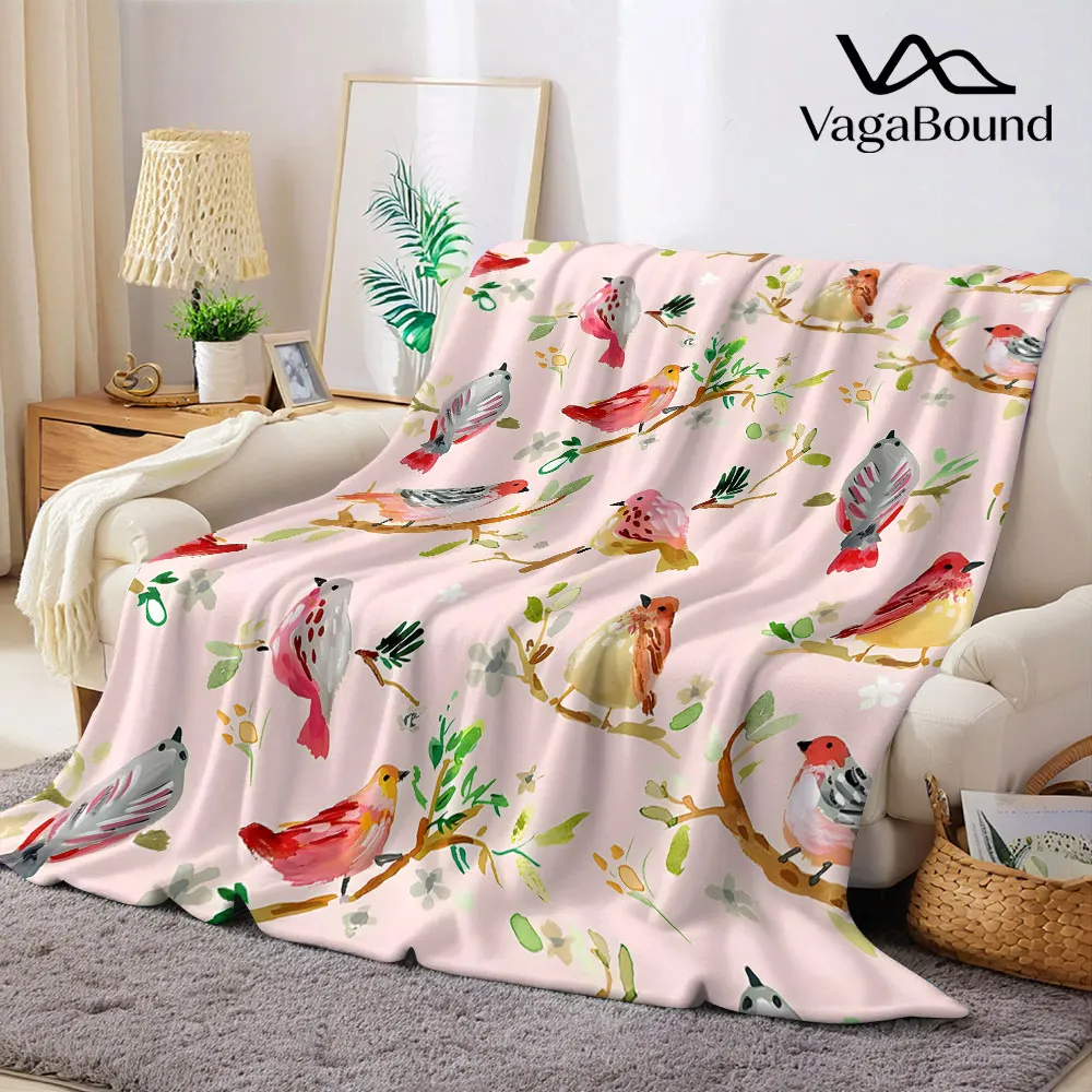 Watercolor Branch Bird Flannel Blanket Warm Soft Halloween Christmas Decorative Couch Warm Cozy All-Season Gift