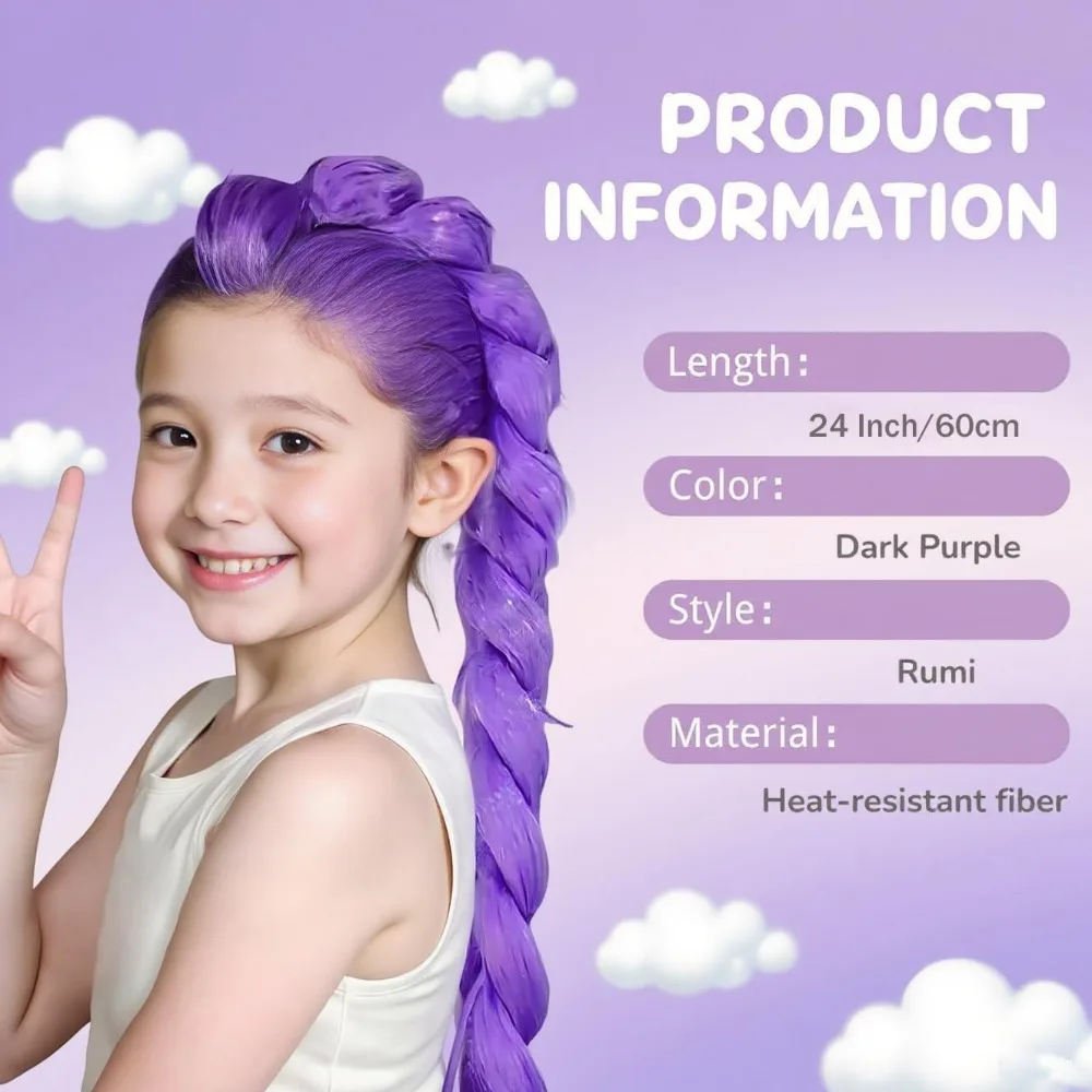 Perücke – Lila Haarverlängerungen, Cosplay-Haar, lila Flechthaar, Kunstfaser, Halloween-Anime-Kostüm-Perücke für Kinder und Erwachsene