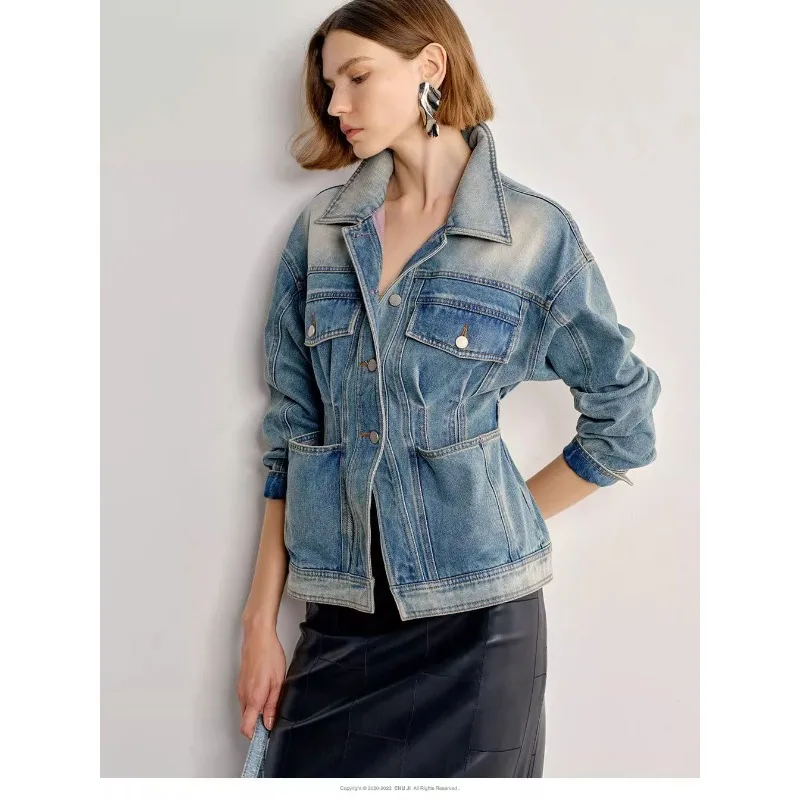 Blouse Jacket Denim Women's Spring/Autumn Washed Lapel Retro Petite Relaxed Fit New Comfortable Fashionable Niche Versatile Chic