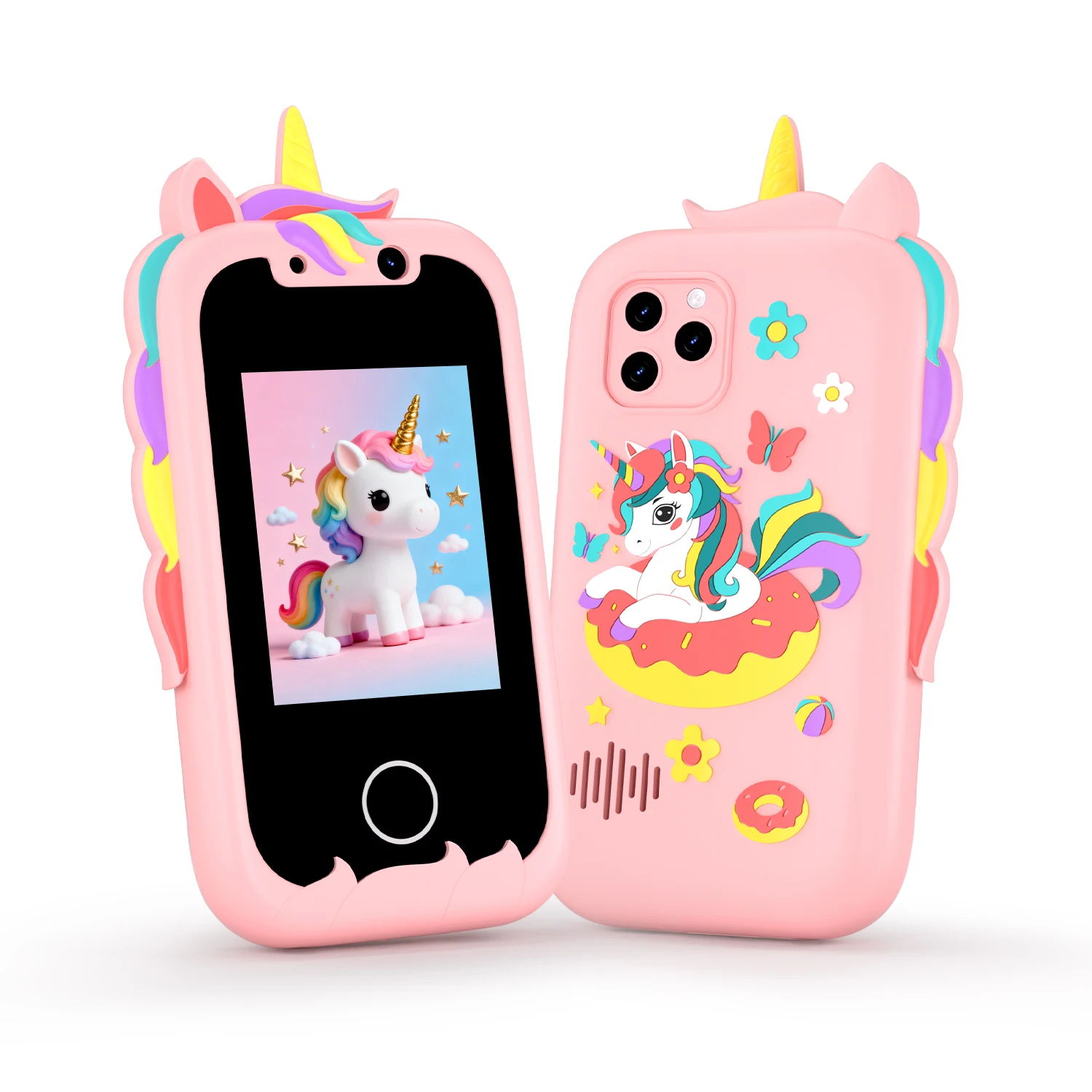 ユニコーンキッズごっこ遊びスマートフォンタッチスクリーン学習玩具、カメラ、音楽、ゲーム付き、幼児の女の子向け
