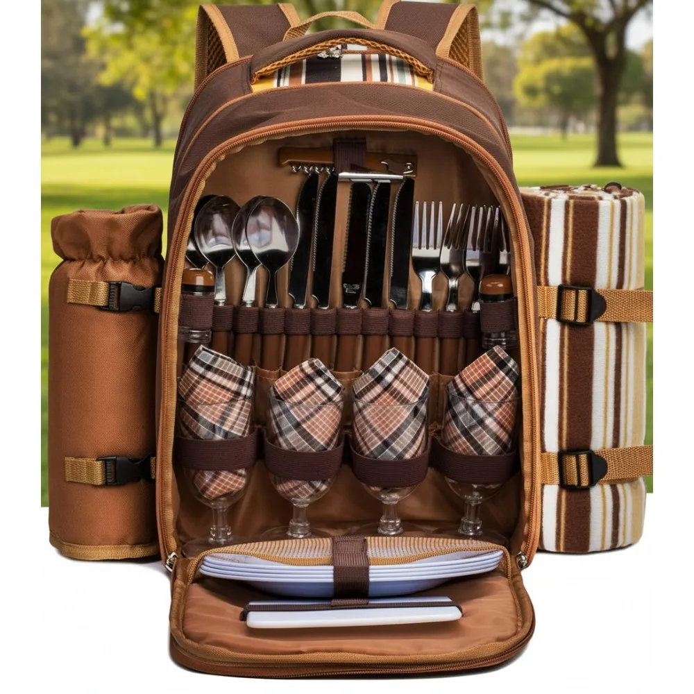 

4-Person Picnic Backpack with Cooler, Wine Bag & Waterproof Blanket - Perfect Family Outdoor Gift