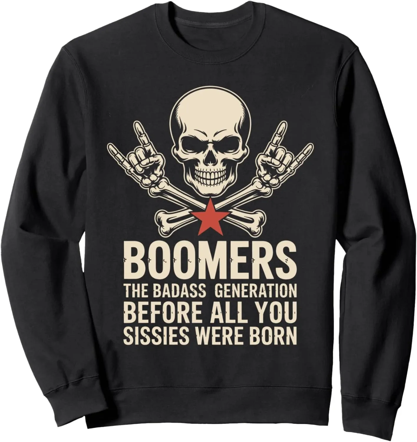 

Autumn and Winter Style Skull Rock Hand Boomers Quote Printed Cotton Crew Neck Sweatshirt