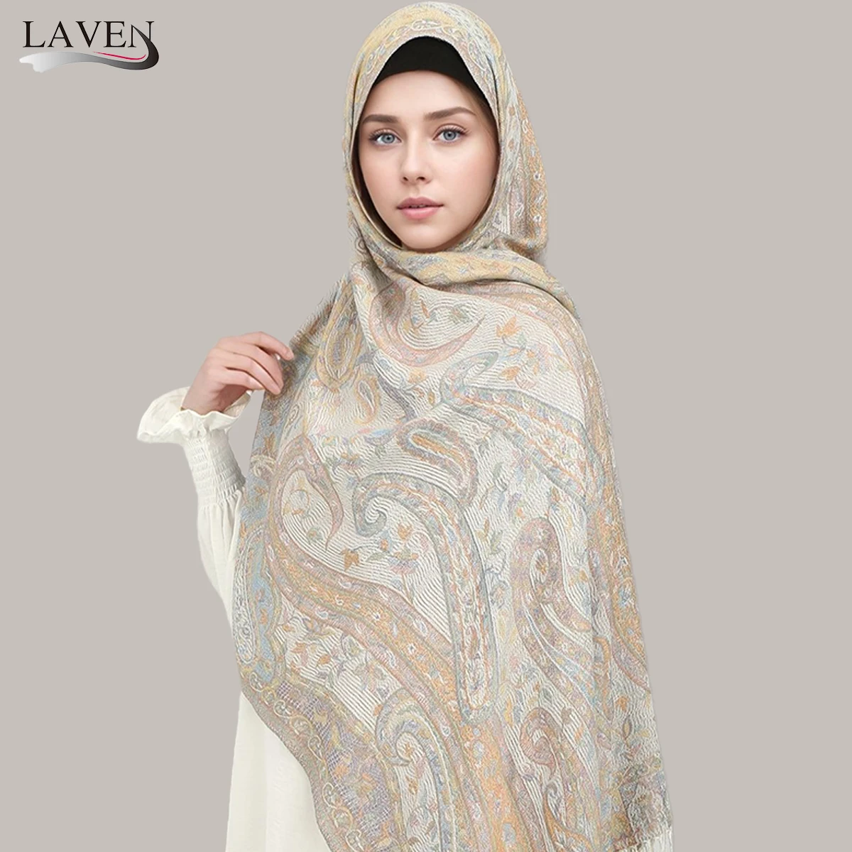 

Двусторонний кашемировый шарф с кисточками и принтом пейсли-женский хиджаб, повязка на голову, теплый зимний исламский тюрбан, мягкий уютный шарф