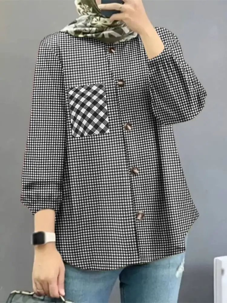 

ZANZEA Women Casual Long Sleeve Shirt Fashion Dubai Turkey Abaya Hijab Muslim Tops Blusas Autumn Vintage Plaid Checked Blouse