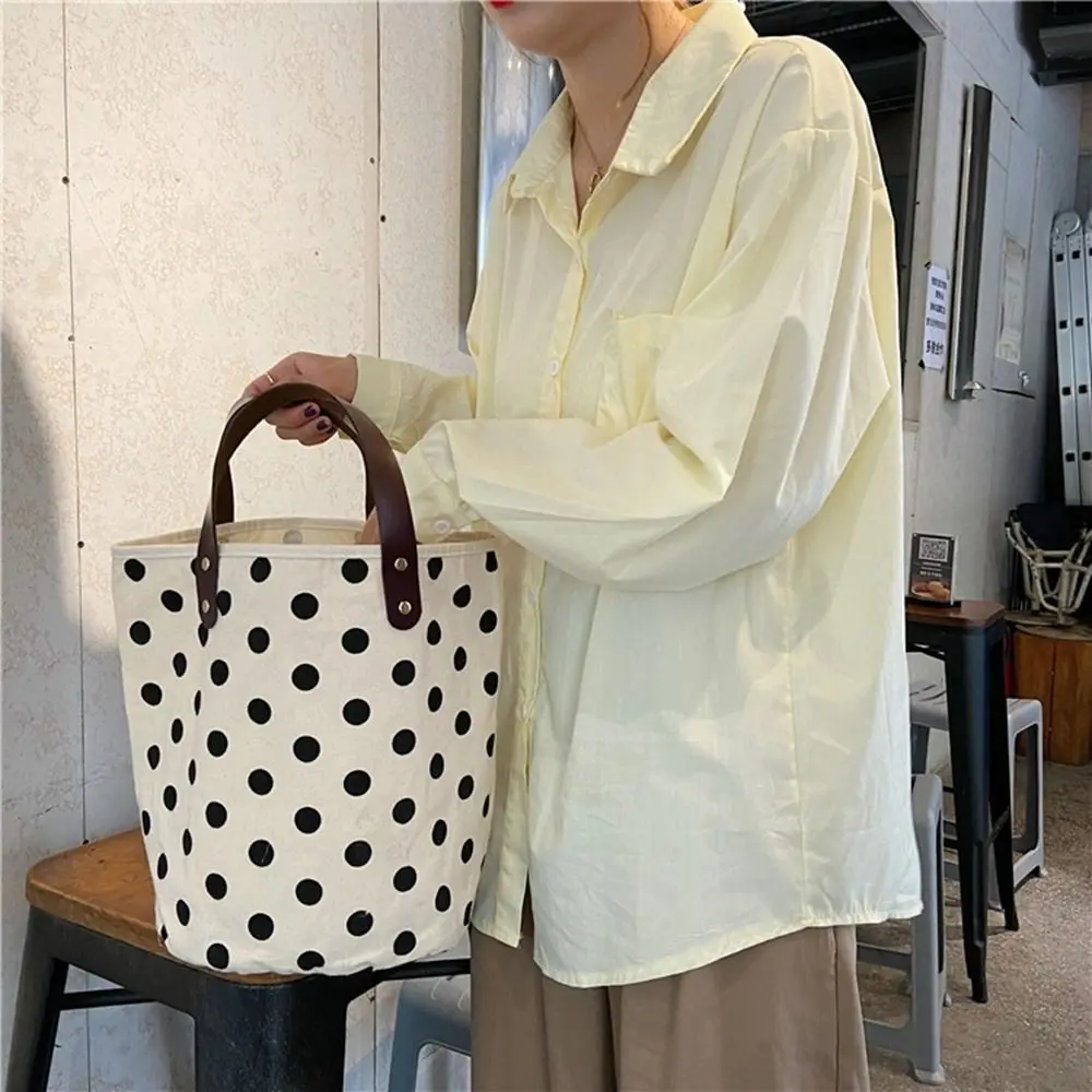 Wave Point Polka Dot Canvas Bucket Bag Simple Large Capacity Korean Style Handbag Lunch Bag Tote Bag Mummy Bag Storage Bag