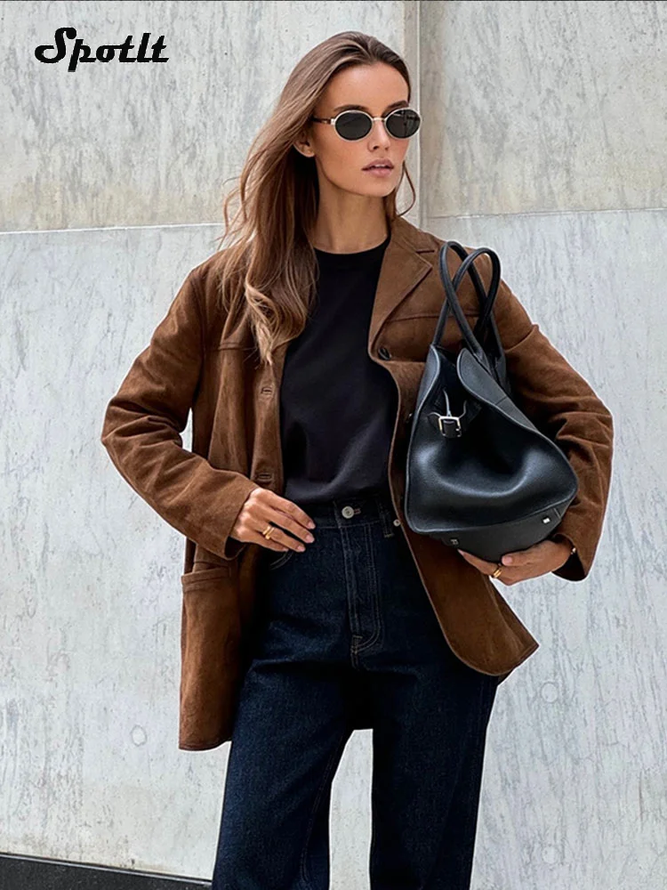 

Woman Casual Brown Lapel With Pocket Jacket Fashion Single Breasted Long Sleeve Coat 2024 Ladies Autumn Warm High Street Outwear