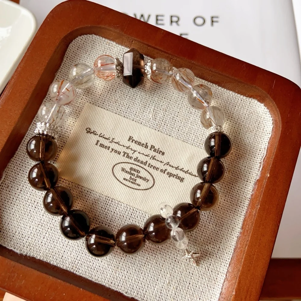 1PCS 10MM Natural Smoky Quartz Black Golden Super Seven Bead Bracelet for Women Fashion Crystal Healing Energy Gemstone Jewelry
