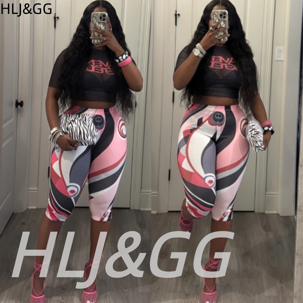 HLJ&GG Y2K Fashion Mesh See Though Letter Tshirts Two Piece Sets Women Round Neck Slim Crop Top And Shorts Outfits Streetwear