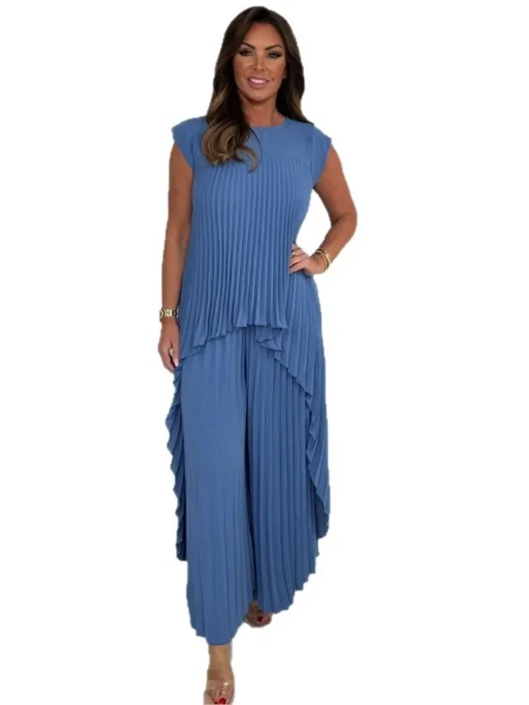 

Новый плиссированный топ без рукавов с нерегулярным круглым вырезом + широкие брюки, летние модные повседневные однотонные свободные праздничные наряды из двух предметов для женщин