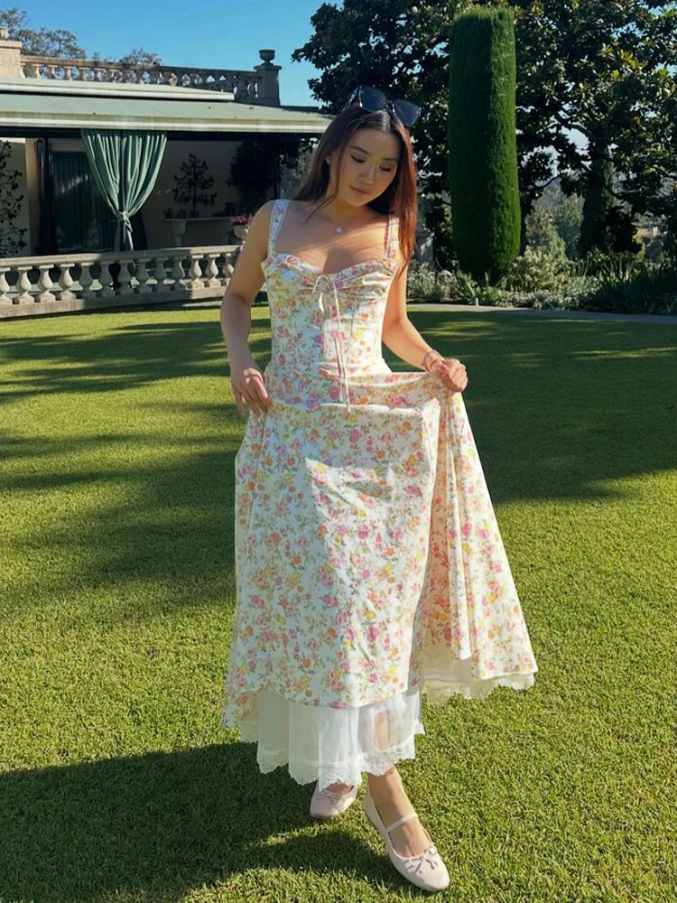 

Элегантное женское платье с цветочным принтом, вырезом «сердечко», без рукавов, на шнуровке, плиссированное, на бретельках, модель 2026, для отпуска, вечеринок и торжественных мероприятий