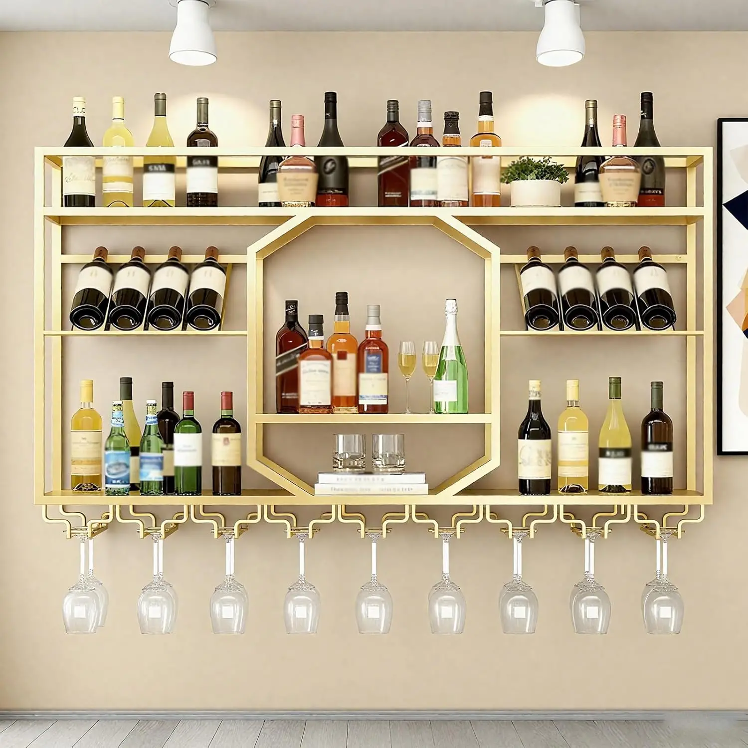 

Wall Mounted Wine Rack, Metal Bar Bottle Display Shelf with Wine Cups Hanging Holder, Large Capacity Wine Bottle Storag