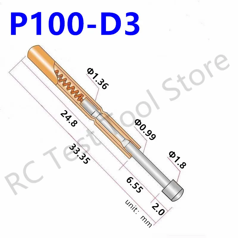 100PCS P100-D3 Nickel-Plated Spring Test Probe P100-D Round Head Dia 1.80mm Spring Test Pin Pogo Pin Dia 1.36mm Length 33.35mm