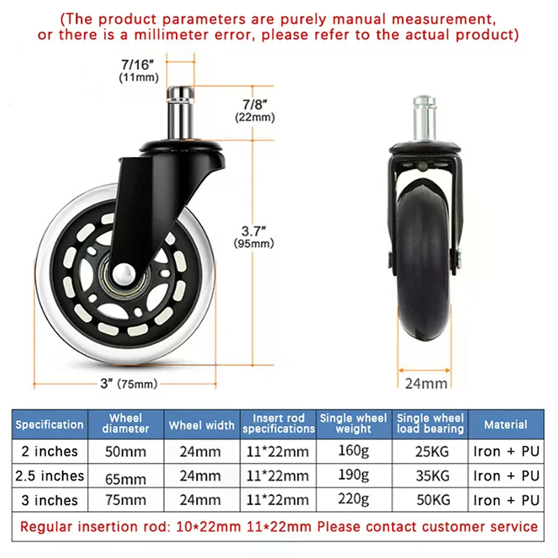 1PCS Office Chair Caster Wheels Heavy Duty & Safe For All Floors Including Hardwood 3" Rubber Replacement For Desk Floor