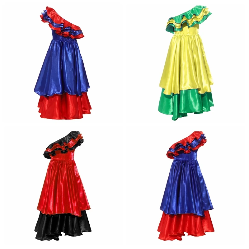 Robe de danse ethnique brésilienne asymétrique à volants contrastants pour filles, idéale pour les fêtes d'Halloween et de carnaval