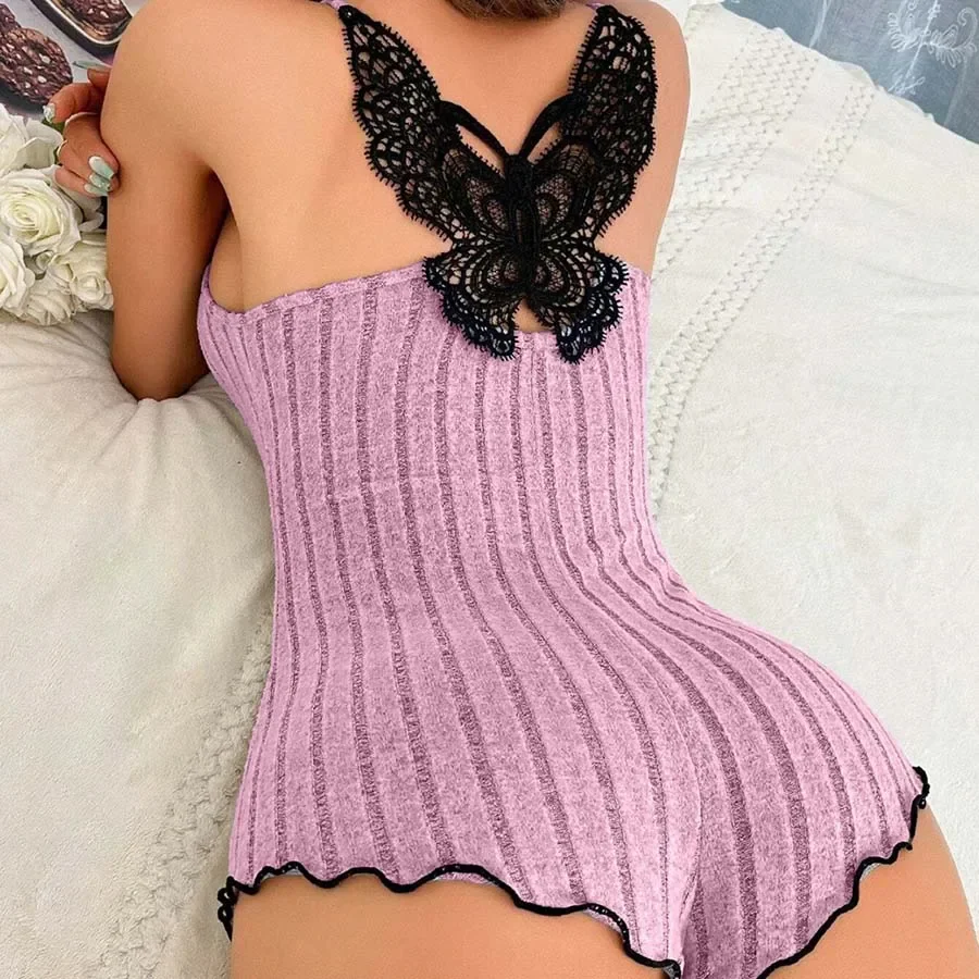 

Women's Suspenders Lace Trim And Bow Design Pajamas Sleeveless V-Neck Pajamas Set Sleepwear Suit Sexy Solid Home Clothes Summer