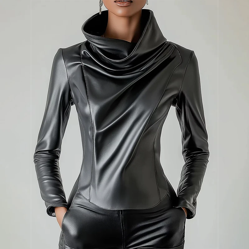

Black Faux Leather PU Top for Women Cowl Neck Long Sleeve High Street American Retro Blouse Vintage Slim PU Leather T shirts
