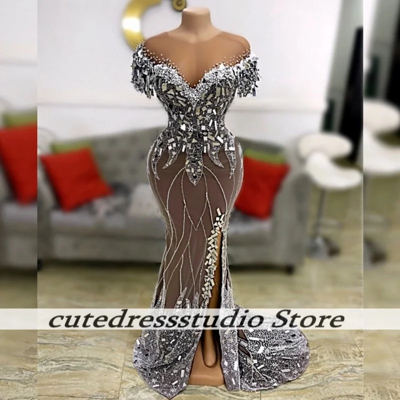 

Sparkle Diamond Evening Dresses For Women High Split Mermaid Wedding Party Dress South African Rhinestone Prom Gowns Customized