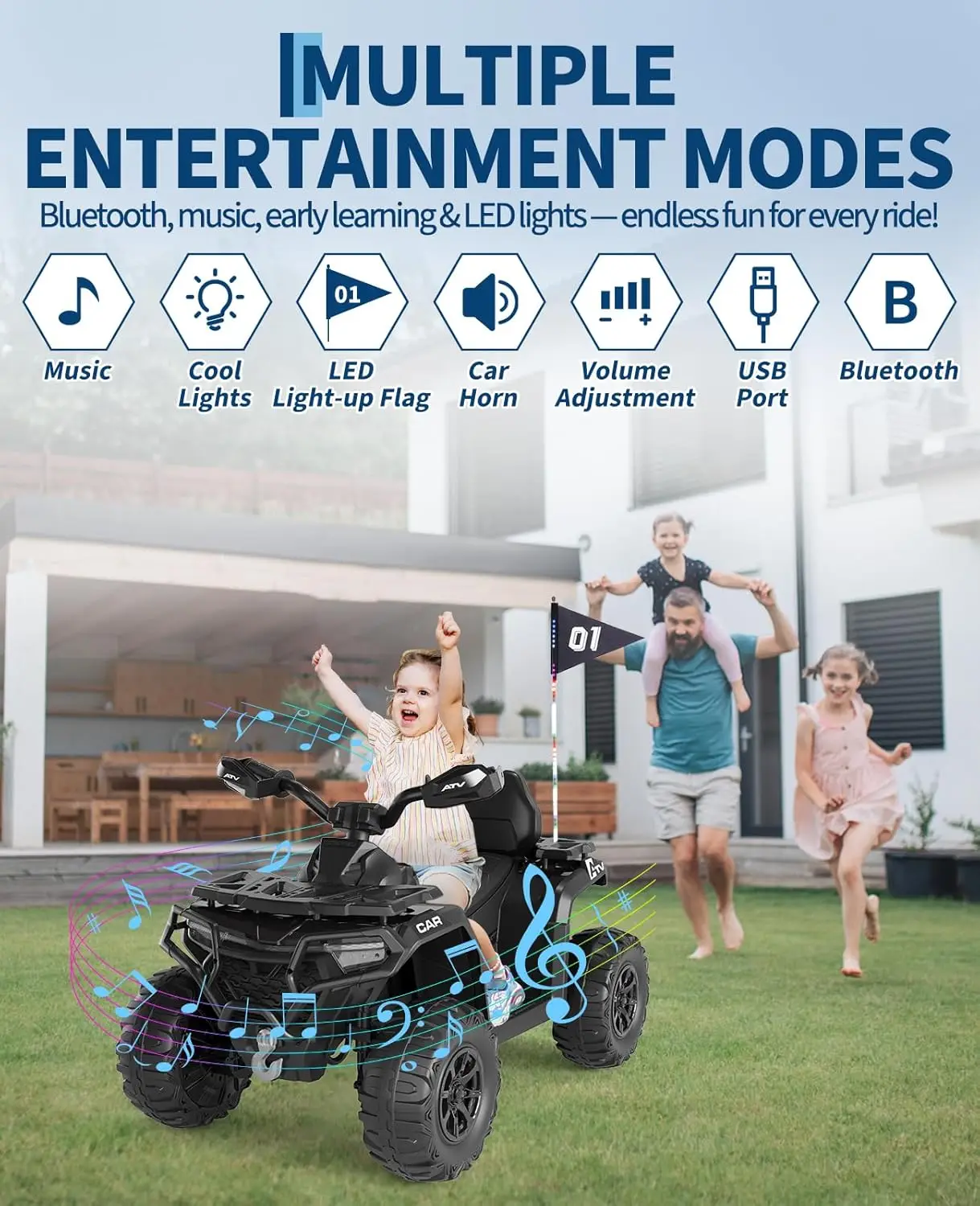 أطفال كهربائي رباعي 12 فولت مع جهاز تحكم عن بعد الوالدين/2 محركات/أضواء LED/بلوتوث/USB/الموسيقى، ألعاب ركوب الطرق الوعرة ATV 4 عجلات #6