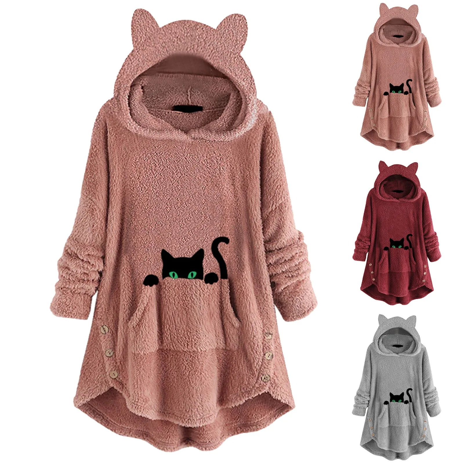 Women\'S Fall/Winter Long Sleeve Cat Ear Hoodie Pullover Hoodie Wool Cute Printed Top Female Sweatshirt Loose Sweatshirt