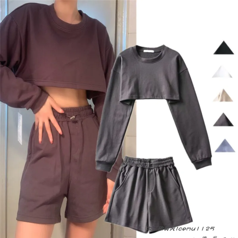 

Sweet And Spicy Sle High Waist Crop Top Long Sve Hoodie Two Piece Set with Dstring orts round Ne Faionable Casu...
