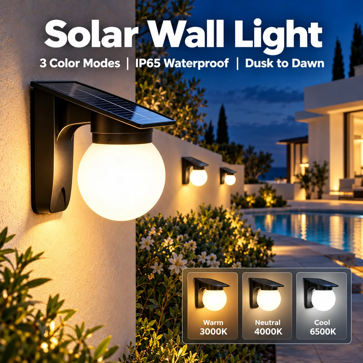 IP65 Solar Wall Lamp Waterproof Outdoor Sensor With Switch For Home Garden Security Light Wall Fence Gate Energy Saving Light