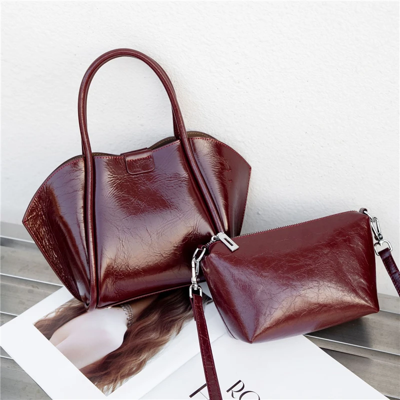 Hifashion 2 Pcs/Set Cow Genuine Leather Tote Shoulder Bags For Women 2025 Trend Designer Crossbody Purses Bucket Ladies Handbags