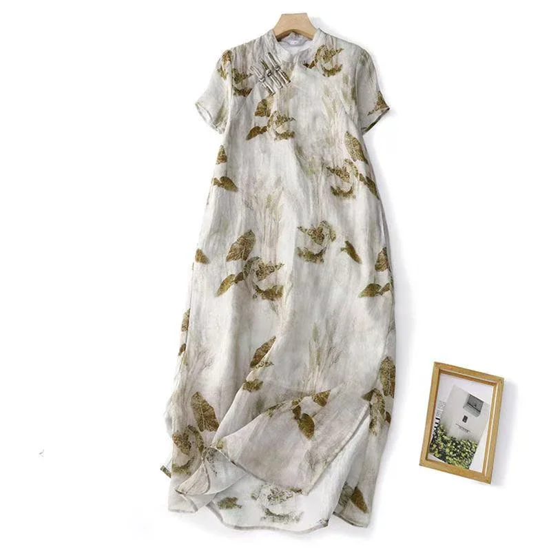 

Pop Women Cheongsam New Summer Chinese Style Vintage Slant Opening Party Dresses Casual Loose Large Swing Midi Dresses