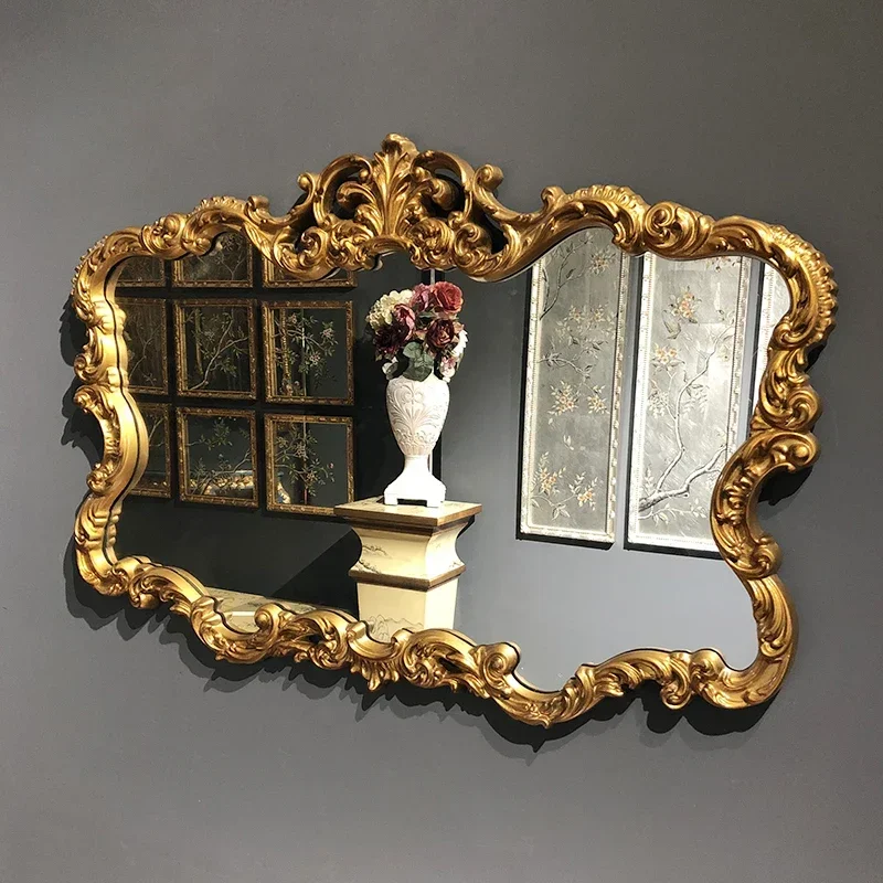 

European-Style Retro Golden Hallway Fireplace Decorative Mirror French Carved Dressing Table Makeup Bathroom Mirror