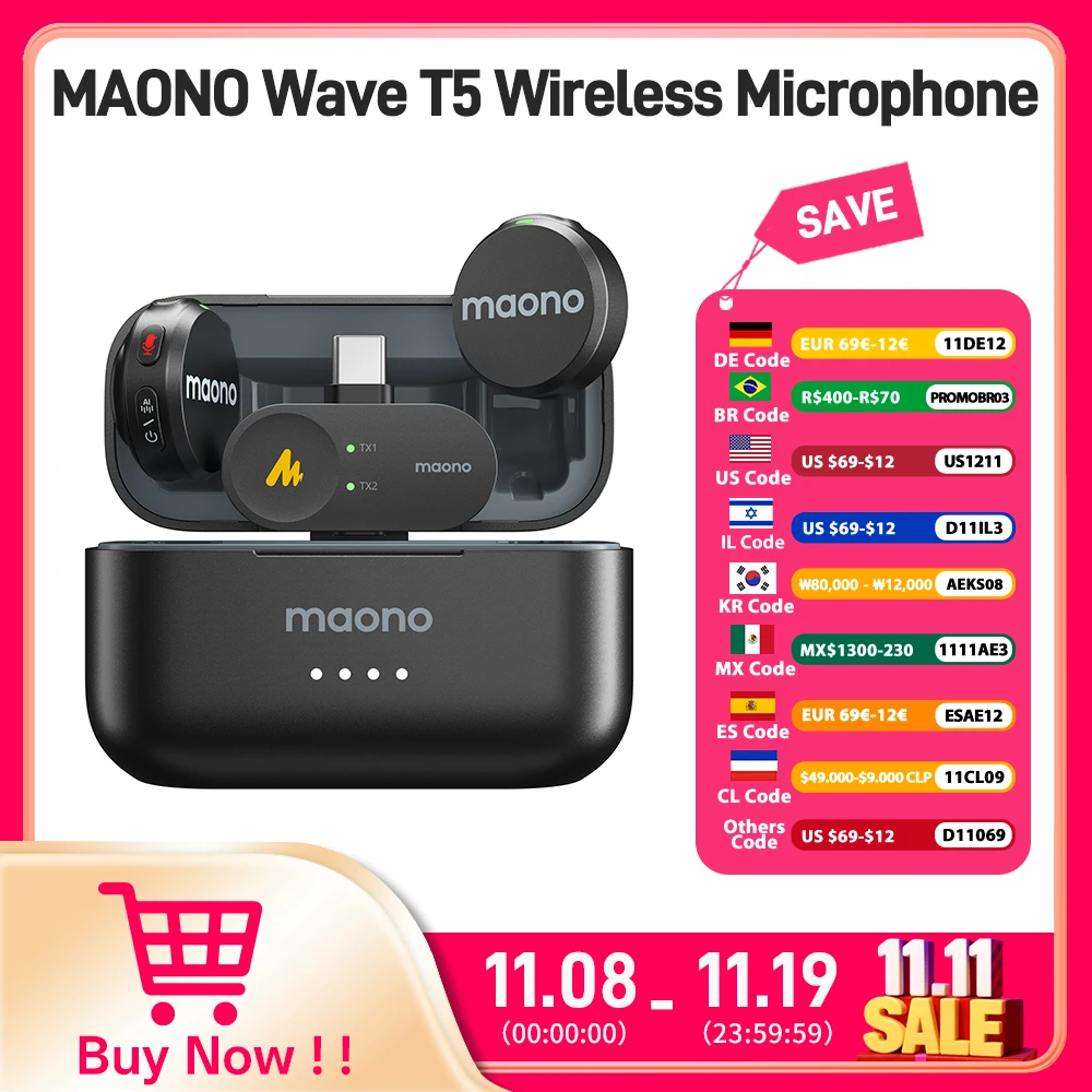 Maono Wave T5 무선 라펠 마이크, 미니 음성 필터, 노이즈 캔슬링, 비디오 녹화 스트리밍용, 전화 카메라에 적합