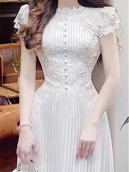 Lace Party Elegant Summer Solid Boho Dresses Women Vintage A-Line Sexy 2023 Short Sleeve Dress Mesh Embroidery Woman Vestido