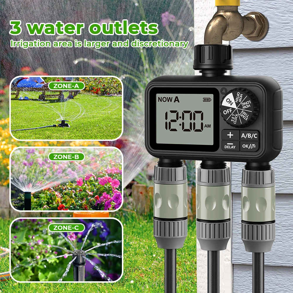 2025th Newest Eshico HCT-M08 3-Outlet Water Timer Automatic/ Manual/ Rain Delay Sprinkler 3P Watering System 3 Zone Garden Tool