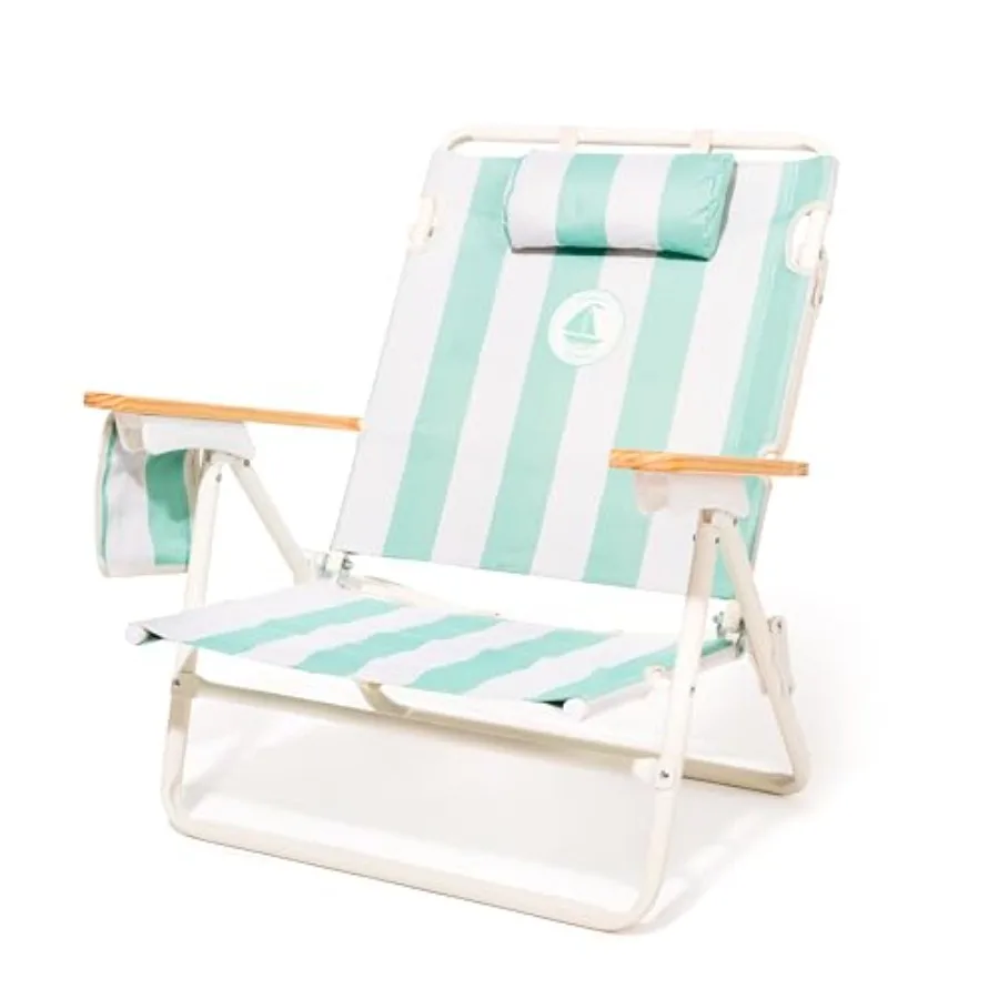 

Beach chair for outdoor relaxation, polyester fabric, last mango green stripe, lay-flat reclining with insulated cooler pocket